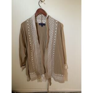 Susan Graver Style Womens 1X Cardigan Tie Waist Lounge Brown White Aztec